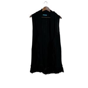 alice + olivia Black Wool open front Cardigan Long Vest M Shaggy Boho Fringe
